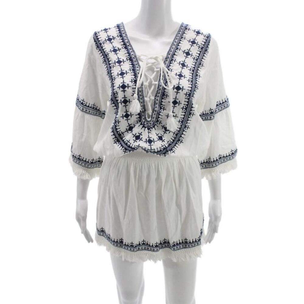 Melissa Odabash Women Kaftan Dress White V-Neck 3/4 Sleeve Linen Cotton Size S